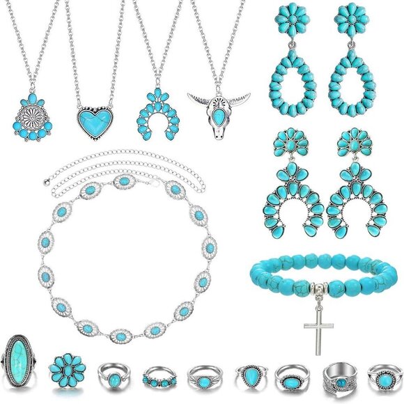 Jewelry - Turquoise Jewelry Set Women Western Boho Necklace Rings Earrings Bracelets
